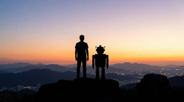 Human silhouette Robot silhouette Sunset Mountain landscape Evening sky City lights Technology Future Friendship Silhouette standing