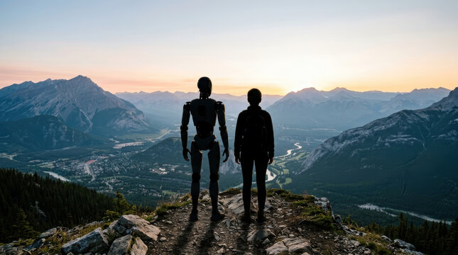 Human and robot silhouette standing on mountain cliff at sunset with valley and river view, evoking sense of wonder and exploration