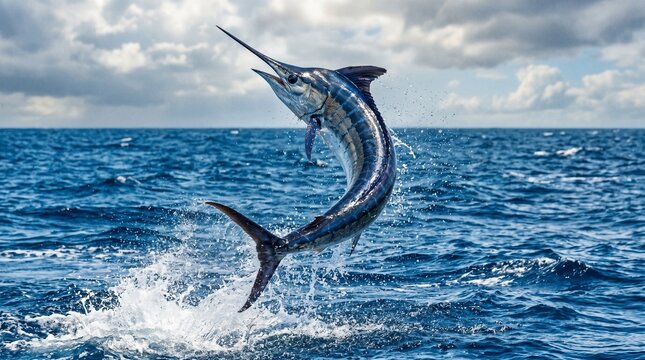 Blue marlin jumping out of the ocean with splash. Concept of wildlife, sea life, ocean, and sport fishing made by AI generative
