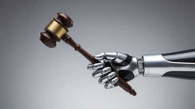 Robotic hand holding wooden gavel with brass band on gray background, symbolizing technology and law connection