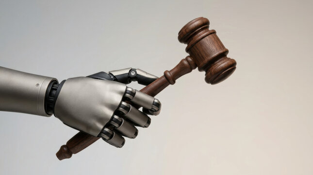 Robotic hand holding wooden gavel symbolizing law and technology integration with metallic fingers gripping handle firmly