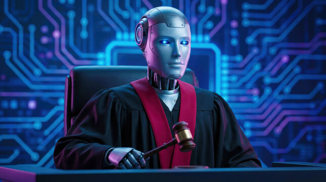 Robot judge in judicial gown holding gavel with futuristic digital circuit background, symbolizing advanced technology in law