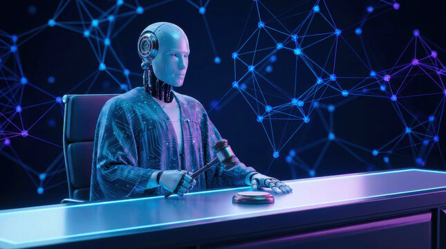 Robot Judge Gavel Technology Artificial intelligence Network Cyborg Courtroom Digital Futuristic
