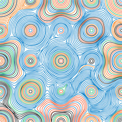 Fototapeta premium Abstract circular topographic map style pattern with concentric colorful lines in red green blue orange and black forming a mesmerizing hypnotic optical illusion background image.