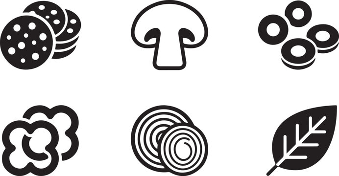 Set of black and white pizza topping icons featuring salami mushroom olive pepper onion and fresh basil leaf ingredients Vector