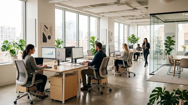 Real photo of business team working in open space office with natural light made by AI generative