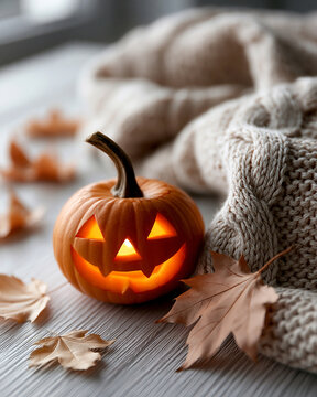 Geschnitzter Halloween K&uuml;rbis mit Gesicht leuchtet auf Holztisch zwischen Herbstbl&auml;ttern