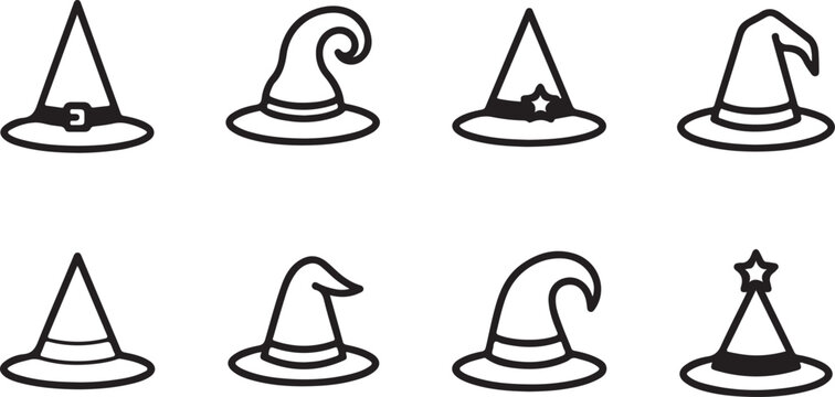 Set of eight stylish witch hats with different designs and decorations Vector