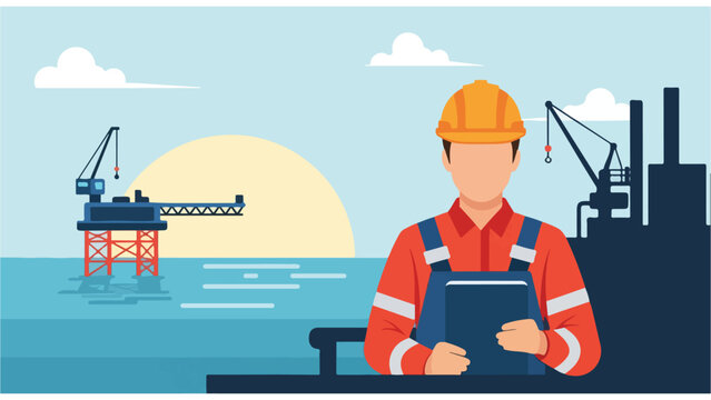 Industrial worker on offshore oil rig platform with safety gear