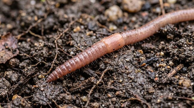 Macro photo of earthworm in wet soil ground made by AI generative
