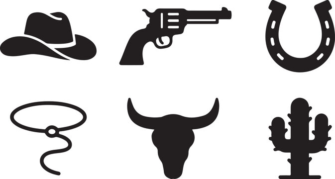 Set of six classic western style icons including hat, gun, lasso, and cactus Vector
