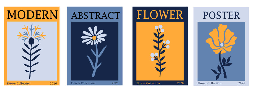 Collection of modern abstract flower posters with various colorful illustrations. for poster design, gift, background design, flayer design.