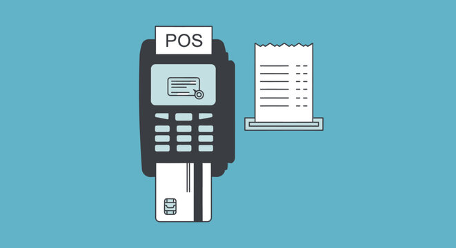 Point of sale terminal processing a credit card payment with a printed receipt.