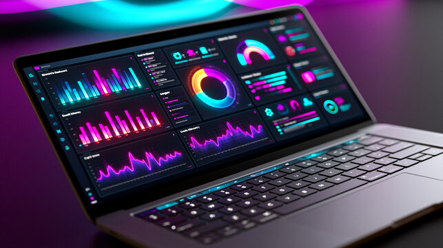 Aufgeklapptes Notebook zeigt buntes Dashboard mit Diagrammen auf dunklem Schreibtisch