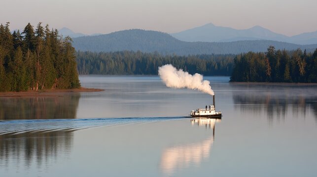 reamer. A small steamboat on a calm lake with smoke from its chimney and misty mountains in the distance. lifestyle magazines.