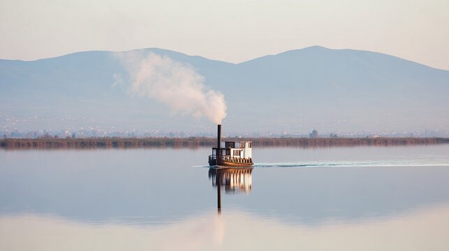 reamer. A small steamboat on a calm lake with smoke from its chimney and misty mountains in the distance. lifestyle magazines.
