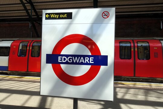 The sign for the London Underground at Edgware station, which serves as a terminus for the Northern Line