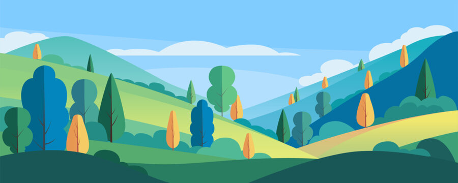 Beautiful autumn landscape with hills and trees. Early autumn in the park. Green and yellow trees and vegetation in the mountains. Vector illustration of the fall season for design.