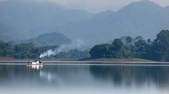 reamer. A small steamboat on a calm lake with smoke from its chimney and misty mountains in the distance. lifestyle magazines.