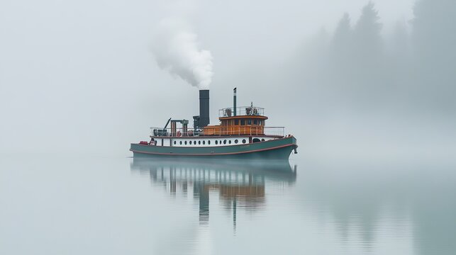 reamer. A small steamboat on a calm lake with smoke from its chimney and misty mountains in the distance. lifestyle magazines.