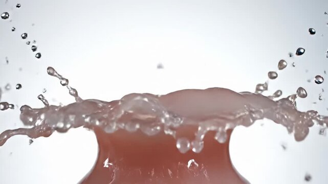 High-speed macro photography of a fresh lychee fruit juice splash isolated on white background showing crown shape with flying droplets and detailed liquid ripples in studio light.