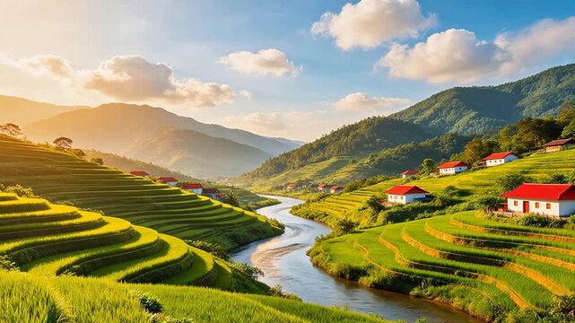 Terraced fields river and houses in mountains