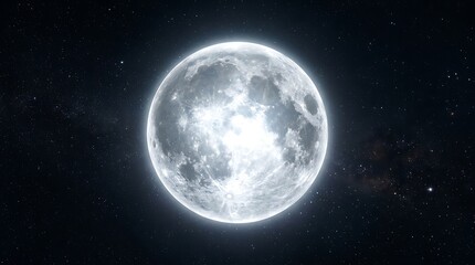 Fototapeta premium Bright full moon showing detailed craters and realistic glowing textures captured in a high resolution digital render isolated as a graphic element on transparent background
