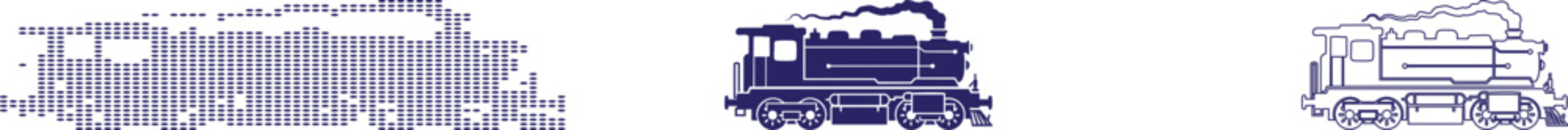 Three Illustrations of Steam Locomotives in Dark Blue Tones train engine © MSTANUWARA