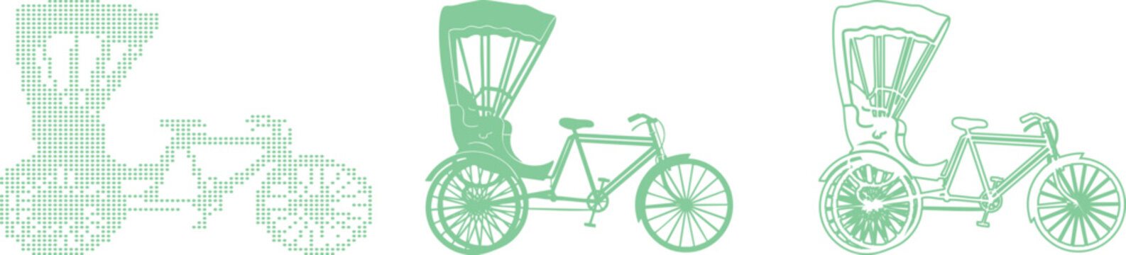 Three Illustrations of Rickshaws in Mint Green Tones cycle rickshaw auto rickshaw