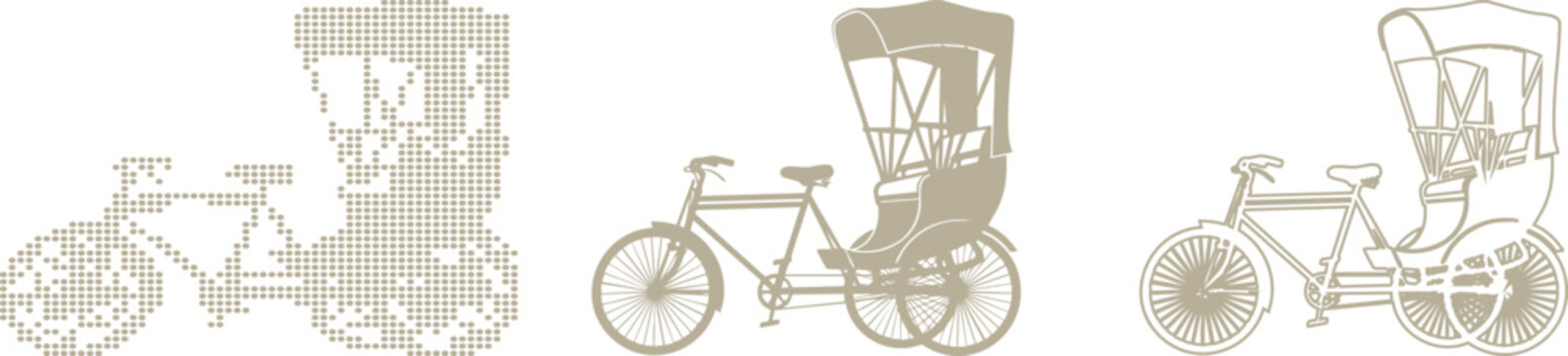 Three Illustrations of Rickshaws in Sepia Tones cycle rickshaw auto rickshaw