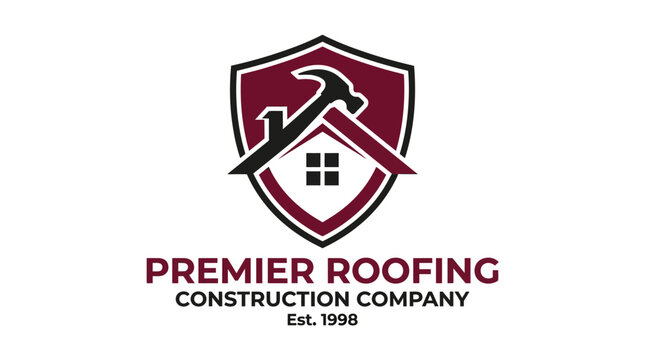 A logo features a shield with a hammer over a house, representing Premier Roofing Construction Company.