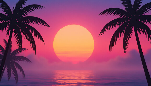 Retro futuristic synthwave style sunset at the beach colorful background with super moon behind it, generated with AI. Suitable for background design, wallpaper, futuristic website, poster, banner.