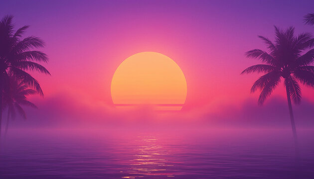 Retro futuristic synthwave style sunset at the beach colorful background with super moon behind it, generated with AI. Suitable for background design, wallpaper, futuristic website, poster, banner.