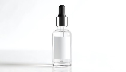 Naklejka premium A clear glass dropper bottle with a black cap contains liquid on a white surface and background