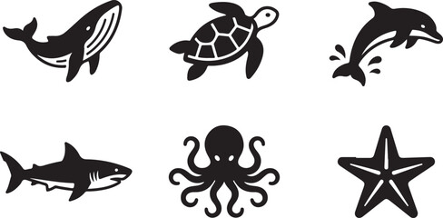 Set of black and white sea animal icons featuring a whale turtle dolphin shark octopus and starfish for marine design Vector © Sazid