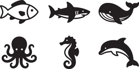 Set of simple black silhouette icons of ocean animals including fish shark whale octopus seahorse and dolphin Vector © Sazid