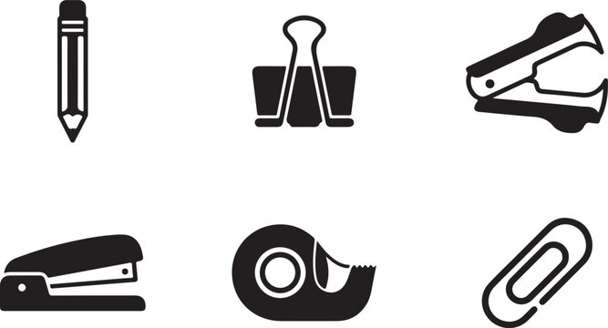 Set of black office supply icons including a pencil binder clip staple remover stapler tape dispenser and paper clip Vector