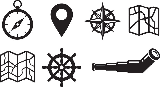 Set of travel and navigation icons featuring a compass map location pin wind rose ship wheel and telescope in black Vector