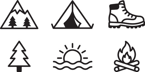 Set of simple black line icons for outdoor camping activities featuring mountains tent hiking boot tree sunset and bonfire Vector © Sazid