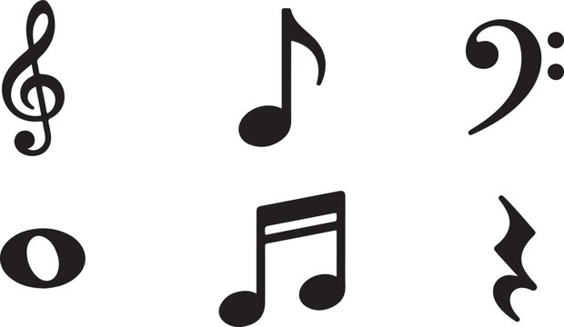 Set of black musical symbols including treble clef bass clef quarter note eighth note and musical rest icons for design Vector