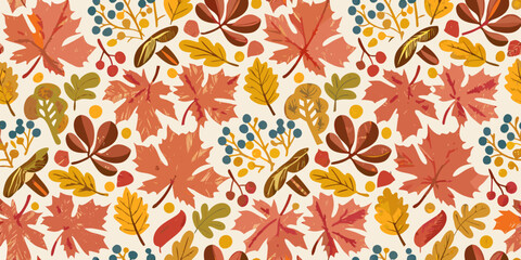 Autumn leaf and berry pattern illustrated vector design on a cream background © Prodip