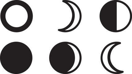 Set of black and white moon phase icons showing different lunar cycle stages from full moon to new moon and crescent Vector © Sazid