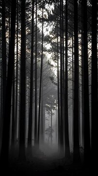 Misty Forest Path in Tall Pine Trees.