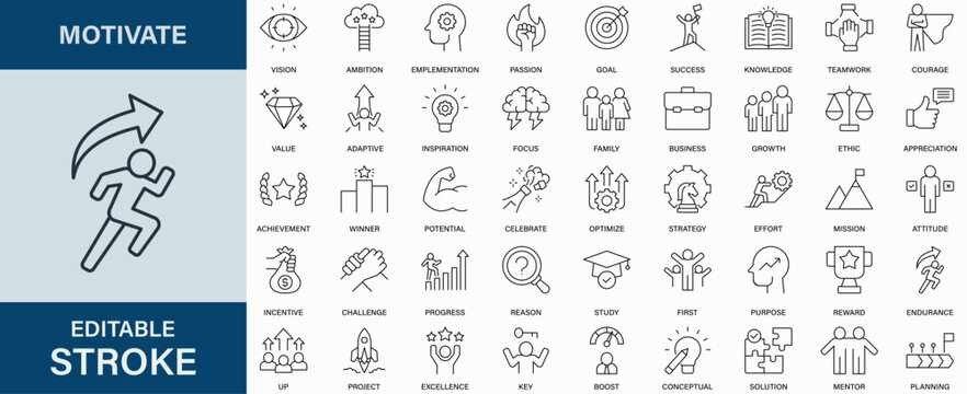 Motivate icon collection set. Editable stroke.
