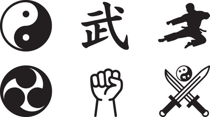 Set of black and white martial arts icons featuring symbols of power strength combat fighting technique and traditional culture Vector © Sazid