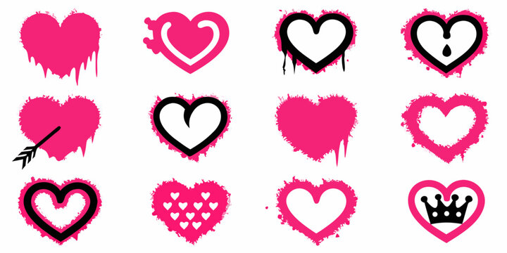 Pink Heart Icons Collection With Paint Splatter And Crown Detail