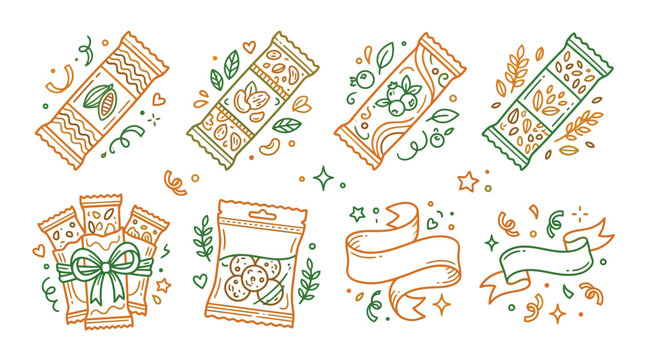 Collection of hand-drawn illustrations of various snack bars and packaging, featuring nuts, seeds, and decorative elements, presented in a charming, rustic style.