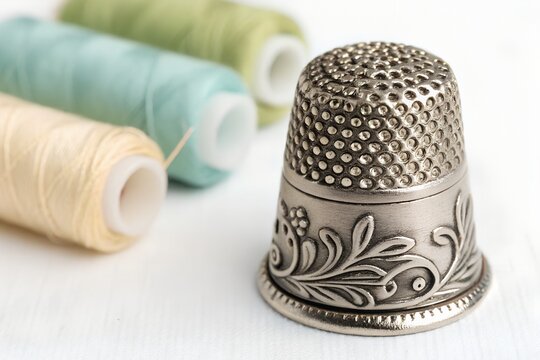 Detailed silver metal sewing thimble featuring ornate floral engravings and textured protective dimples resting on a clean white surface with soft blurred colorful thread spools arranged in the back b