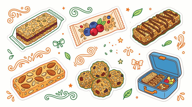 A vibrant illustration showcasing a variety of healthy snack bars, energy balls, and a lunchbox filled with wholesome treats.