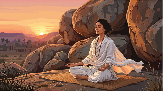 Woman Meditating Serene Sunset Yoga Pose.